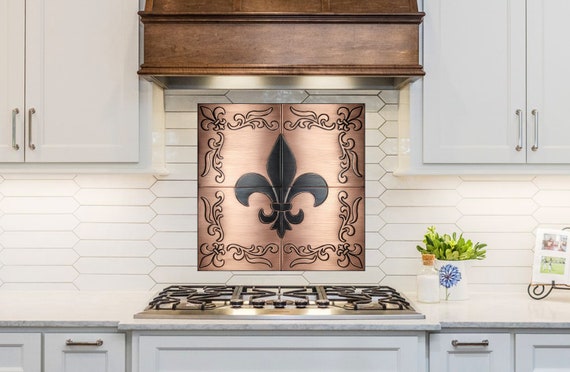 Fleur de Lis Copper Wall Art – Vintage Style Tile Panel for Kitchen or Home Decor