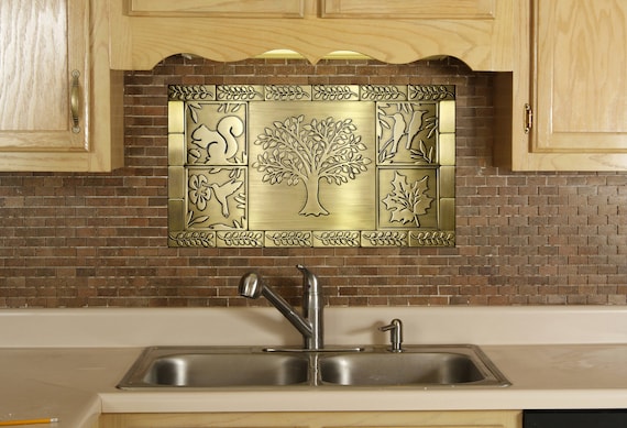 Multi-Metal Tree of Life Tile Set – Copper, Brass & Stainless Steel Wall Art for Kitchen Backsplash or Rustic Decor