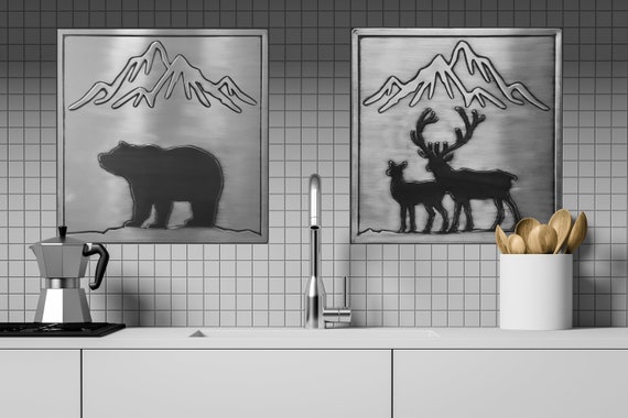 Bear, deer and mountains - Set of 2 Handmade tiles,- Copper, Brass or Stainless Steel