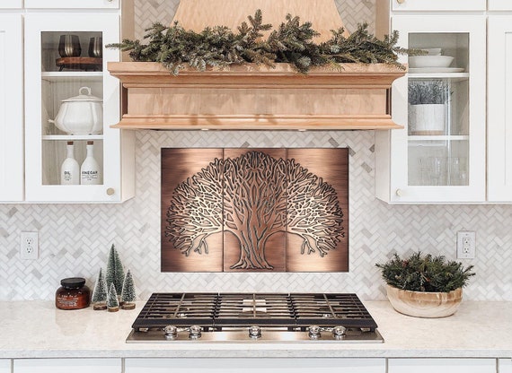 Tree of life - Set of 3 Handmade tiles - 100% Copper, Stainless Steel or Brass. The perfect backsplash for tree lovers.