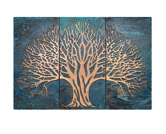 Tree of knowledge - Set of 3 Handmade tiles - 100% Copper, Stainless Steel or Brass.