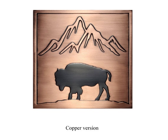 Bison and mountains - Handmade Tile. Material - 100% Copper, Stainless Steel or Brass