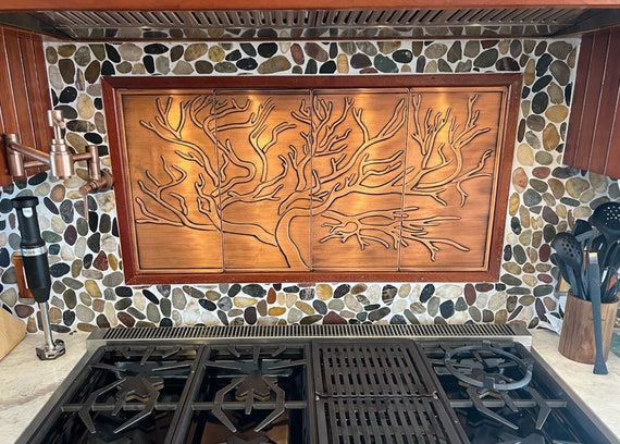 Tree of Life Copper Tile Wall Art – Set of 4 Handmade Tiles – Luxury Kitchen Backsplash for California Homes and Rustic Interiors