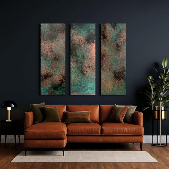 Real Copper Wall Art – 3 Panel Metal Artwork – Obsidian Copper Mist – Modern Abstract Triptych – Handmade Rustic Decor