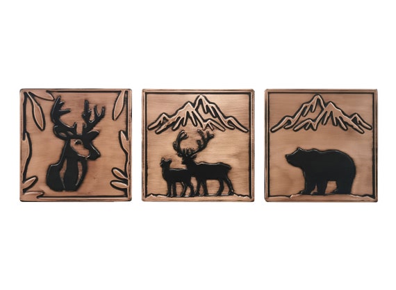 Wild nature - deer, bear, mountains - set of 3 handmade tiles 100% Copper!