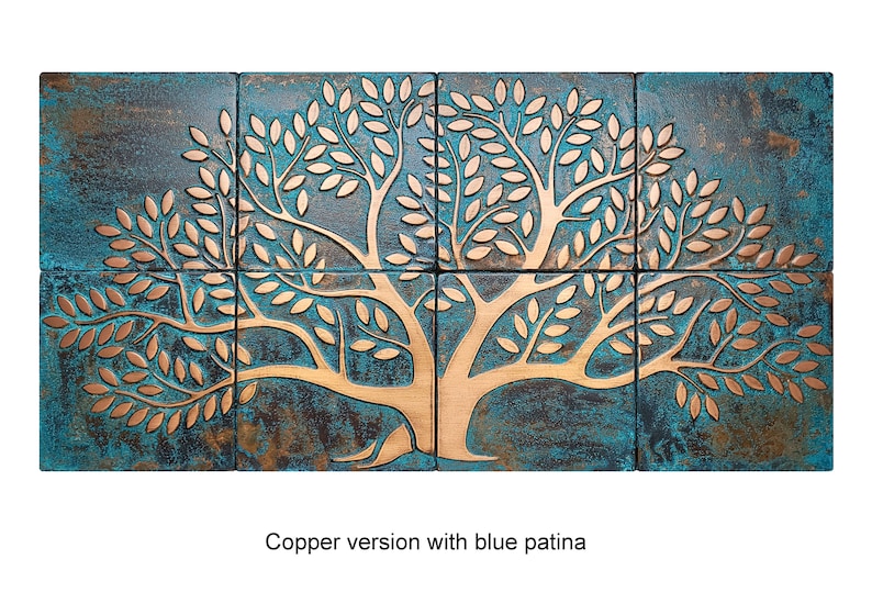 Tree of life 8 Handmade tiles 100% Copper, Stainless Steel or Brass. Copper - blue patina