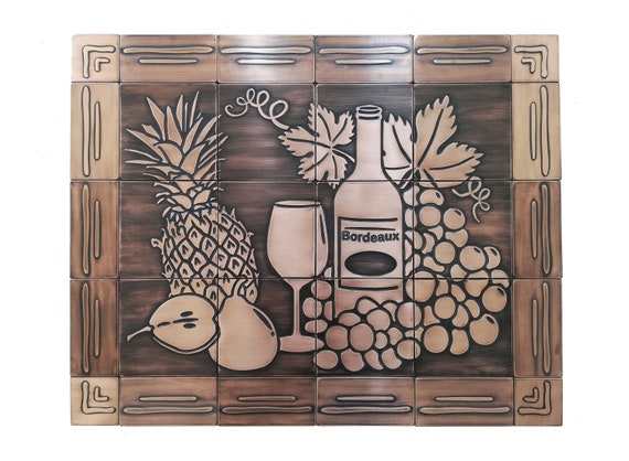 Still life, grapes, pineapples, wine, pear - set of 30 handmade tiles - 100% Copper, Stainless Steel or Brass