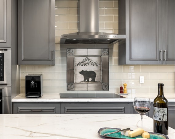 Bear and mountains - SET of 13 HANDMADE tiles - Copper, Brass or Stainless Steel