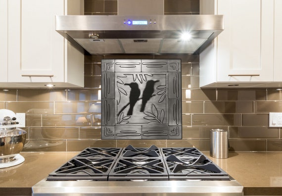 Birds on the branch. Set of 13 handmade tiles - 100% Stainless Steel, Copper or Brass