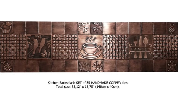 Large Kitchen Backsplash Set of 35 Handmade copper tiles. Perfect for kitchen backsplash. Total size: 55.12'' x 15.75''