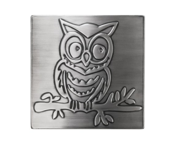 Owl on the branch. Handmade, 100% Stainless Steel Tile, Copper or Brass