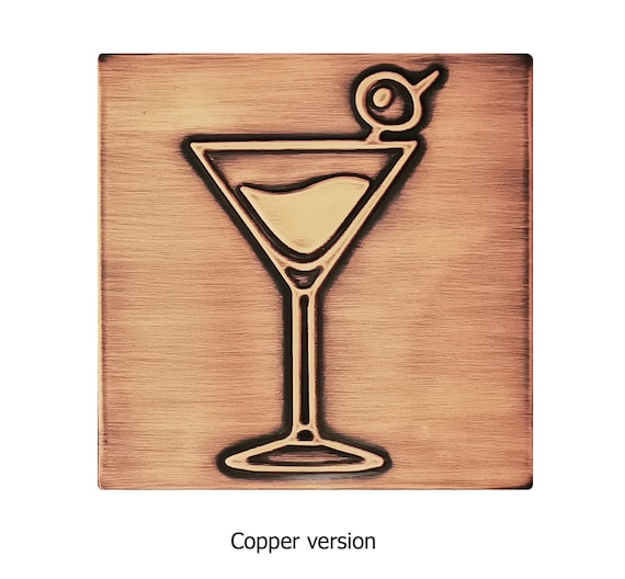 A glass of martini with olive - Handmade Tile. 100% Copper, Stainless Steel or Brass