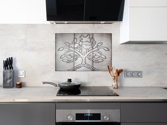 Tree with birds and a heart - Set of 3 Handmade tiles - 100% Copper, Stainless Steel or Brass. The perfect backsplash for tree lovers.
