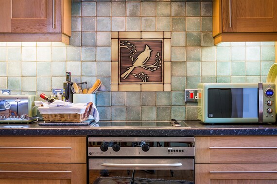 Cardinal bird on a branch - Set of 13 Handmade Tiles. 100% Copper, Stainless Steel or Brass