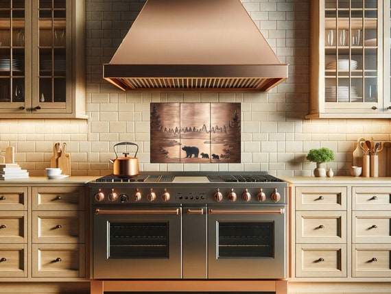 Mom bear and two small cubs by the lake - beautiful set of 3 Handmade tiles - 100% Copper, Stainless Steel or Brass.