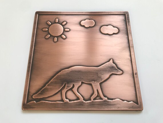 Fox and sun handmade tile, metal wall art, wall tile, kitchen tile, rustic, art deco, accent kitchen tile, backsplash