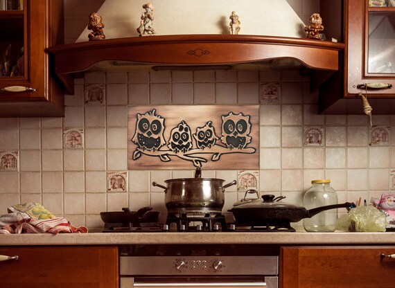 Owl Family Metal Wall Art – Handmade Copper or Steel Tile – Cute Owl Backsplash for Kitchen – Rustic Gift for Bird or Nature Lovers