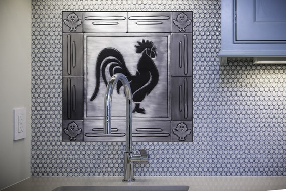 Rooster and chickens. Set of 13 handmade tiles - 100% Stainless Steel, Copper or Brass