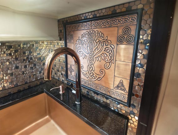 Norse Tree of Life Tile Set – Viking Kitchen Wall Art with Runes – 17 Handmade Copper, Brass or Steel Panels