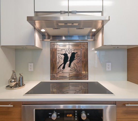 Birds on the branch. Set of 13 handmade tiles - 100% Copper, Stainless Steel or Brass