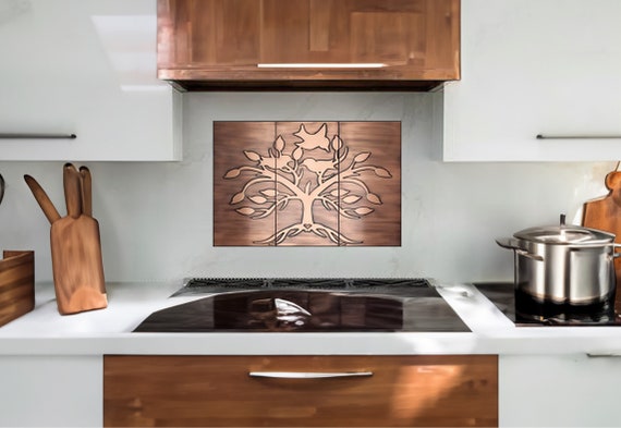 Tree with birds and a heart - Set of 3 Handmade tiles - 100% Copper, Stainless Steel or Brass. The perfect backsplash for tree lovers.