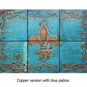 Fleur de lis Set of 6 Handmade tiles 100% Copper, Stainless Steel or Brass Copper blue patina