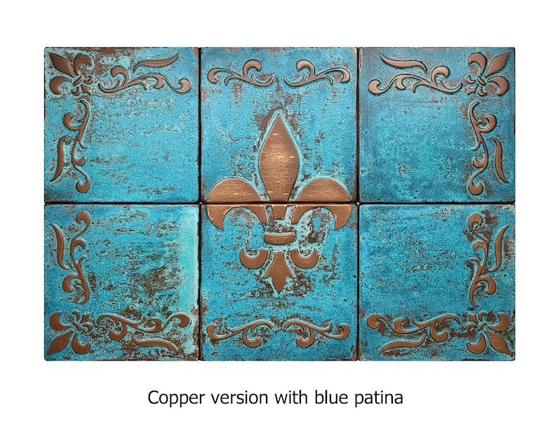 Fleur de lis Set of 6 Handmade tiles 100% Copper, Stainless Steel or Brass Copper blue patina