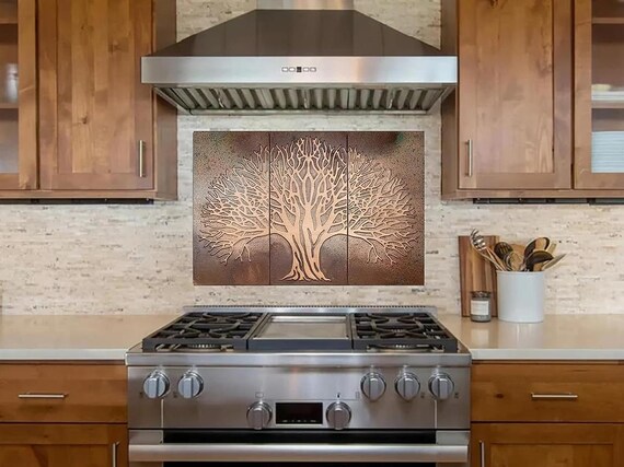 Most Loved Copper Tree of Life Backsplash – 3 Handmade Tiles | Artisan Wall Panel for Kitchen or Fireplace | Real Metal · Natural Patina