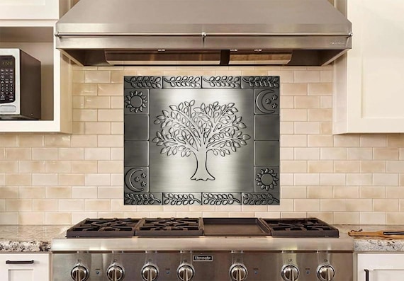 Tree of Life Metal Backsplash with Sun & Moon Symbols – Handmade Real Stainless Steel Wall Art for Kitchen | Nature Inspired Design