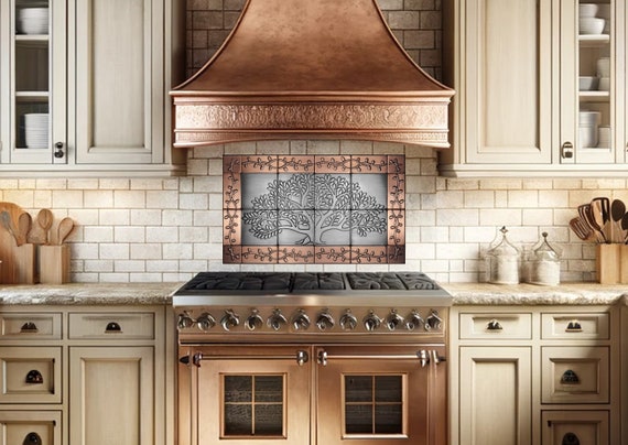Metal Tree Tile Wall Art – Stainless Steel Frame with Copper Center – 24-Piece Luxury Backsplash for Kitchen or Fireplace