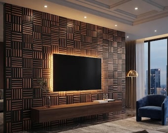 May include: A wall featuring a geometric pattern of dark brown and copper-colored rectangular slats, with a large flat-screen television mounted in the center, illuminated by integrated backlighting above a long, floating wooden media console.