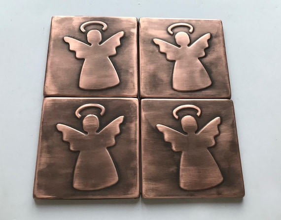 Angels - set of 4 handmade tiles 100% Copper!
