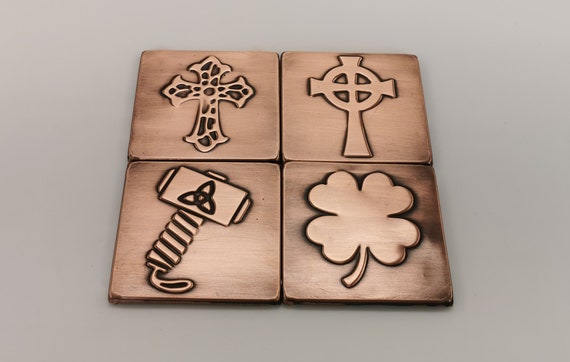 Thor's hammer, celtic cross, cross, clover - set of 4 handmade tiles 100% Copper!