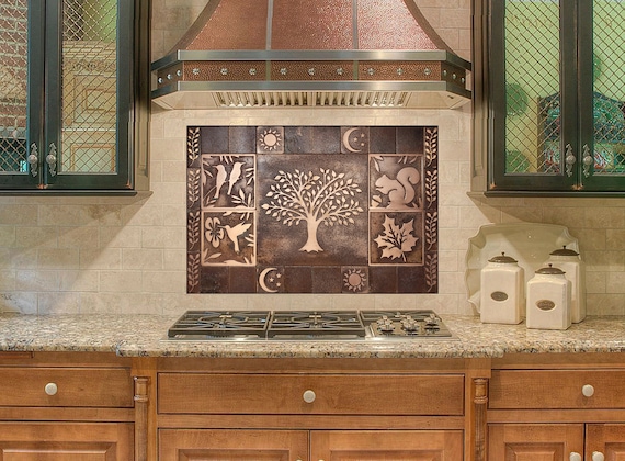 Real Metal Backsplash Tile Set – 29 Handmade Copper Tiles | Tree of Life & Nature Motifs | Large Decorative Wall Art for Kitchen or Home