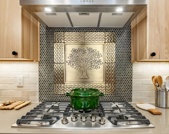 Large Wall Art, Majestic Tree of Life Set of 13 Handmade Tiles, Kitchen Backsplash, Metal Tree of Life