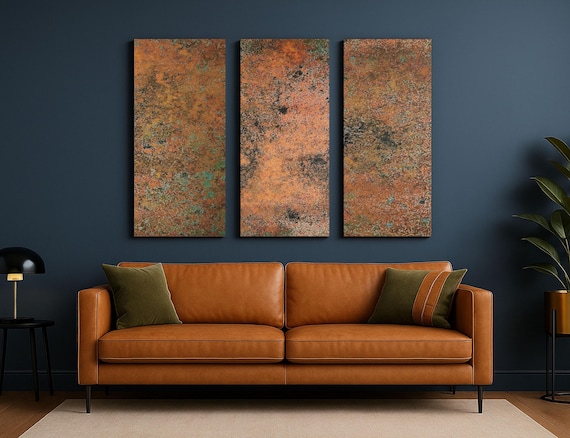Real Copper Wall Art – 3 Panel Decorative Metal Artwork – Abstract Patina Design – Modern Rustic Accent for Living Room or Hotel Decor