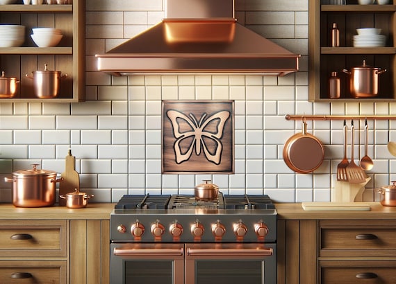 Butterfly Copper Tile – Nature Inspired Metal Wall Art – Handmade Kitchen Decor – Copper, Brass or Stainless Steel – Rustic Gift for Her