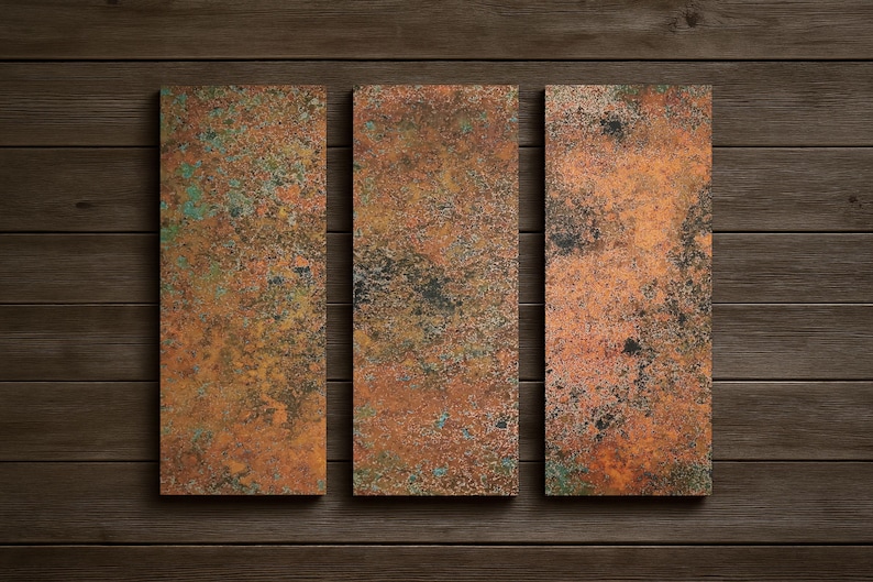 May include: Three rectangular wall art panels with a textured, weathered copper appearance. The panels display shades of orange, brown, and green, with dark spots, set against a dark wood background. The panels are arranged vertically.