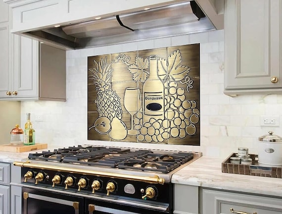 Wine & Grapes Metal Backsplash – Handmade Brass or Copper Kitchen Tile | Bordeaux Style Wall A Fruit and Bottle Motif | Real Metal Decor