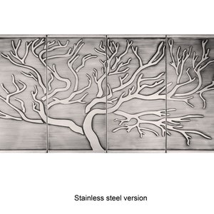 May include: A stainless steel wall art piece featuring a stylized tree with branches and a trunk. The tree is embossed on the metal surface, creating a raised design.