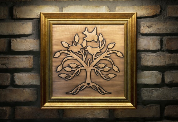 Lovely, unique tree with birds and a heart in a beautiful wooden frame. Handmade, 100% copper and wood