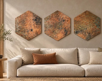 Copper Hexagon Wall Art, Set of 3 Metal Hexagons, Mystic Copper Nebula Patina, Abstract Geometric Wall Decor, Handmade