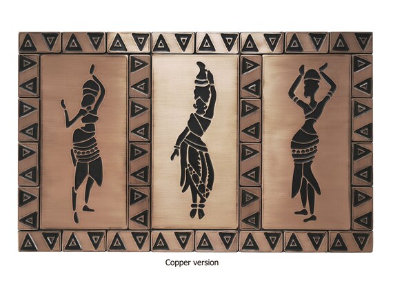 Three African woman tribal - Set of 35 Handmade tiles - 100% Copper, Stainless Steel or Brass. The perfect backsplash for Africa Lovers