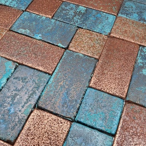 Luxury Patina Copper Tiles – 45 Handmade Pieces for Kitchen, Bathroom or Fireplace | Rustic Industrial Accent Backsplash Set