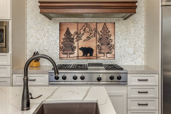 Bear, mountains and two pines - beautiful set of 3 Handmade tiles - 100% Copper, Stainless Steel or Brass.