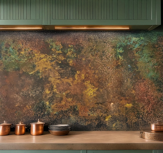 Real Copper Wall Art – Handmade Backsplash Panel for Kitchen or Loft – Savage Copper Bloom Patina – Statement Rustic Metal Decor