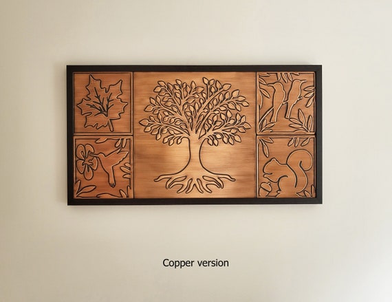 Tree, squirrel, leaf, birds and hummingbird in a beautiful wooden frame. Set of 4 handmade tiles. 100% Copper, Stainless Steel or Brass.