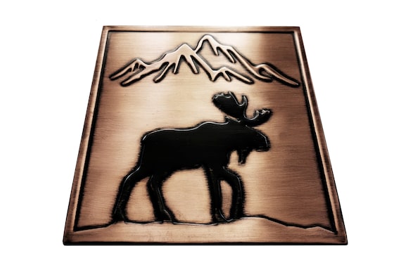 Moose and mountains - Handmade 100% Copper, Brass or Stainless Steel Tile. Metal wall art, wall tile, kitchen tile, rustic,