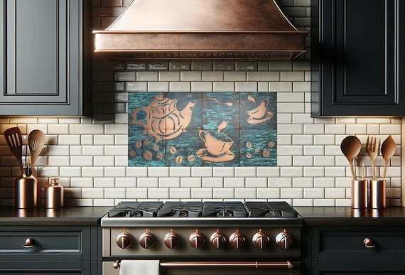 Rustic Coffee Wall Art – 8 Handmade Copper Tiles with Natural Patina – Boho Kitchen Decor for California Coffee Lovers