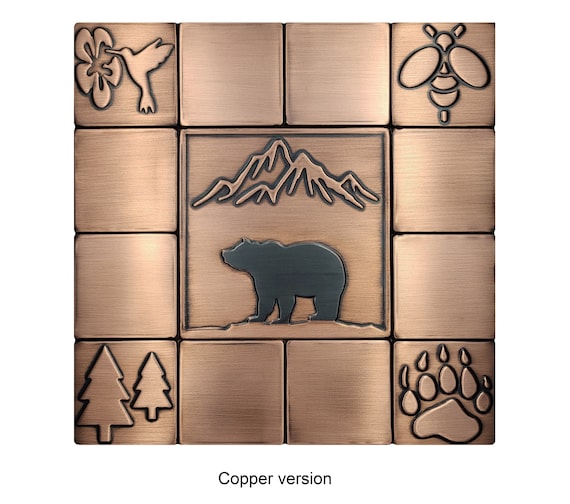 Bear and mountains - SET of 13 HANDMADE tiles - Copper, Brass or Stainless Steel